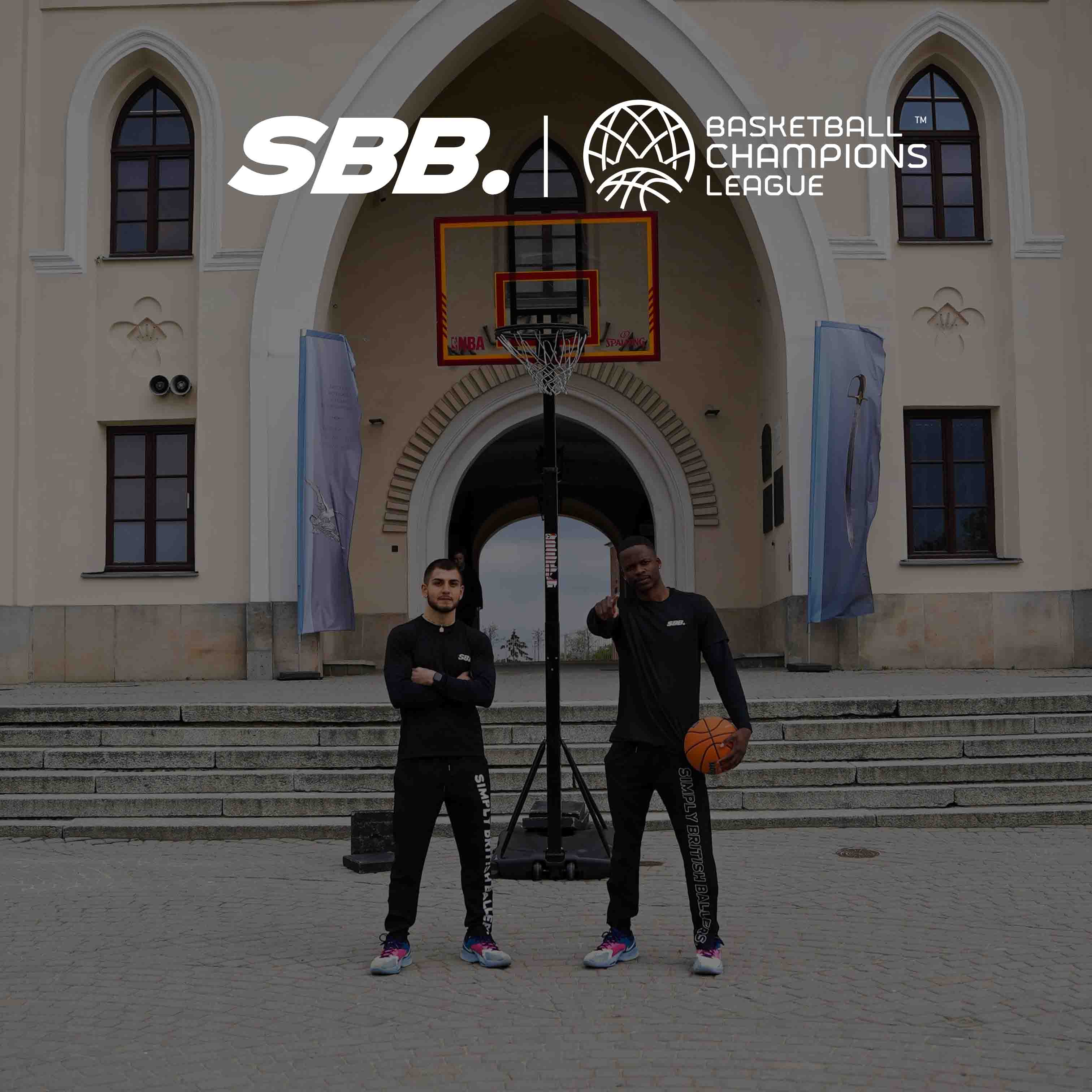 Behrad & Denzel from Simply British Ballers. (SBB.) stand in front of the Lublin Castle in Poland where they set-up a temporary basketball court