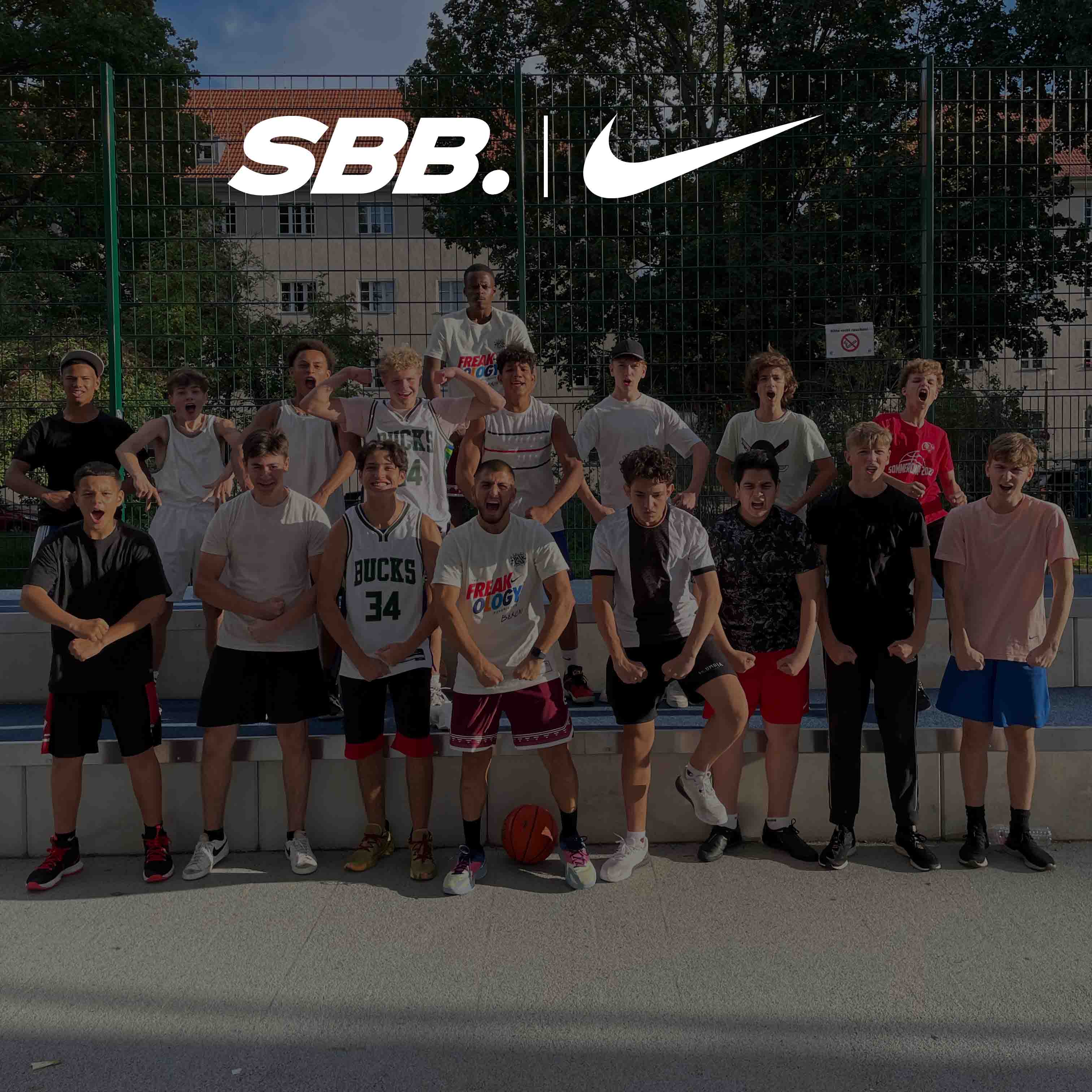 Behrad & Denzel from Simply British Ballers. (SBB.) stand with the local basketball community in Berlin, whilst in tour in collaboration with Nike to launch the Nike Zoom Freak 4 Giannis Antetokounmpo's latest signature shoe.